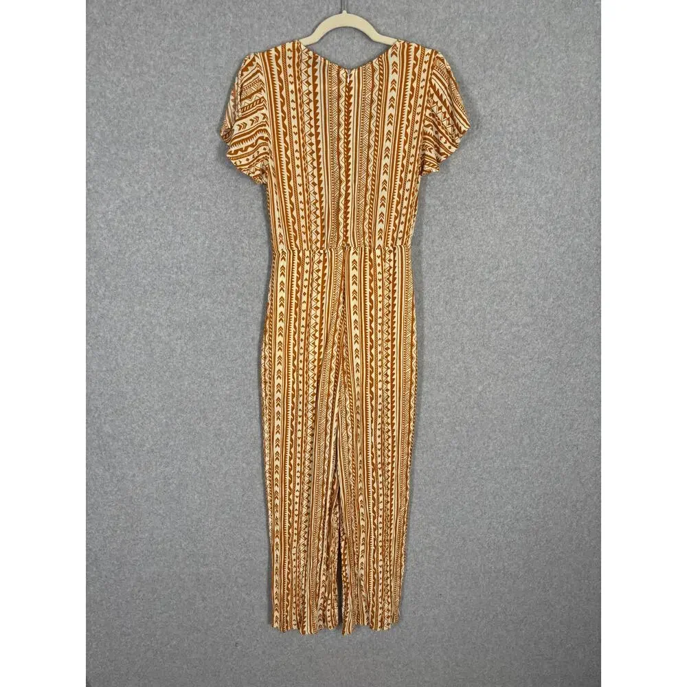 Stella Jumpsuit Medium Mustard Crop Tie Front Flowy Gauze Crinkle Boho Ikat Vaca